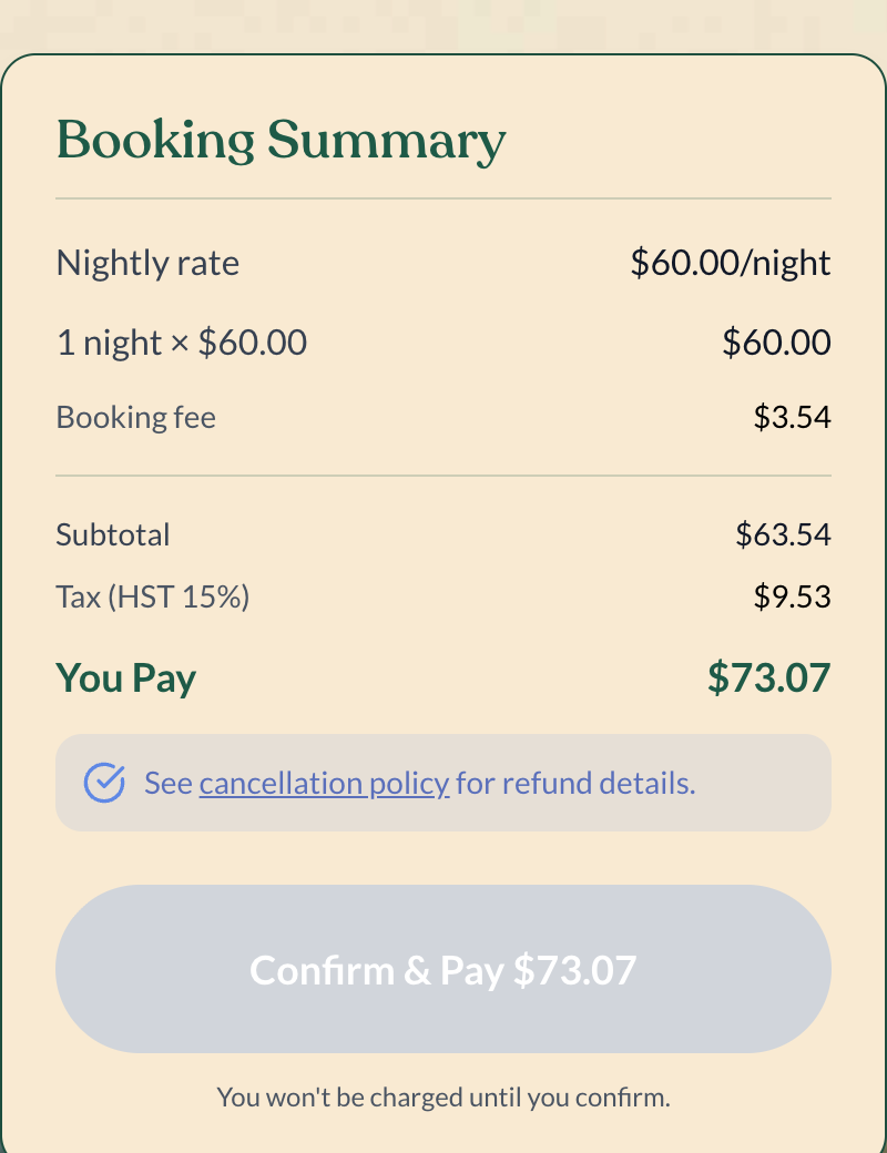 Real checkout screen — the guest sees the nightly rate, a small booking fee of $3.54, and one clear total