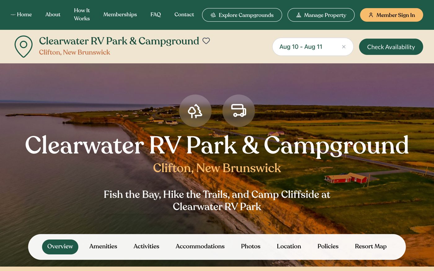 A real Portage campground listing page with live availability