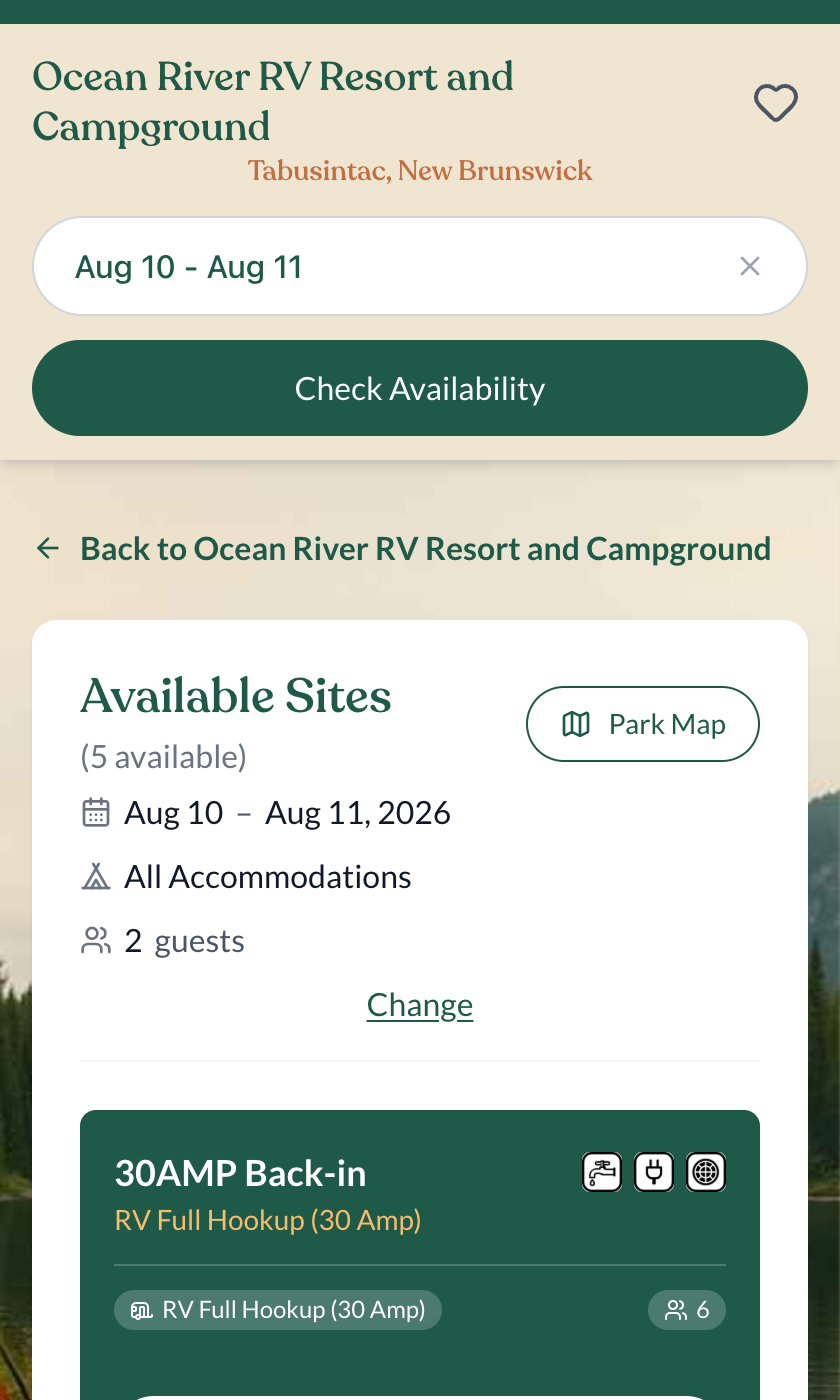 The live booking page on a phone — real available sites with photos, hookups, and one-tap selection